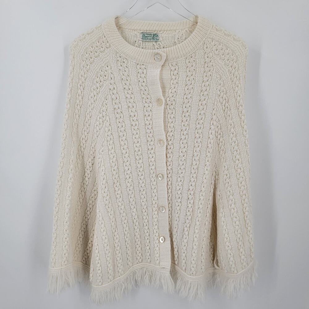 Glamour Knit Poncho Womens One Size Cream Button Up Arm Slits Boho Vintage